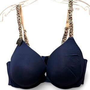 Ambrielle Navy Blue Underwire Push-Up Bra 40DD Leopard Print Straps Full Figure